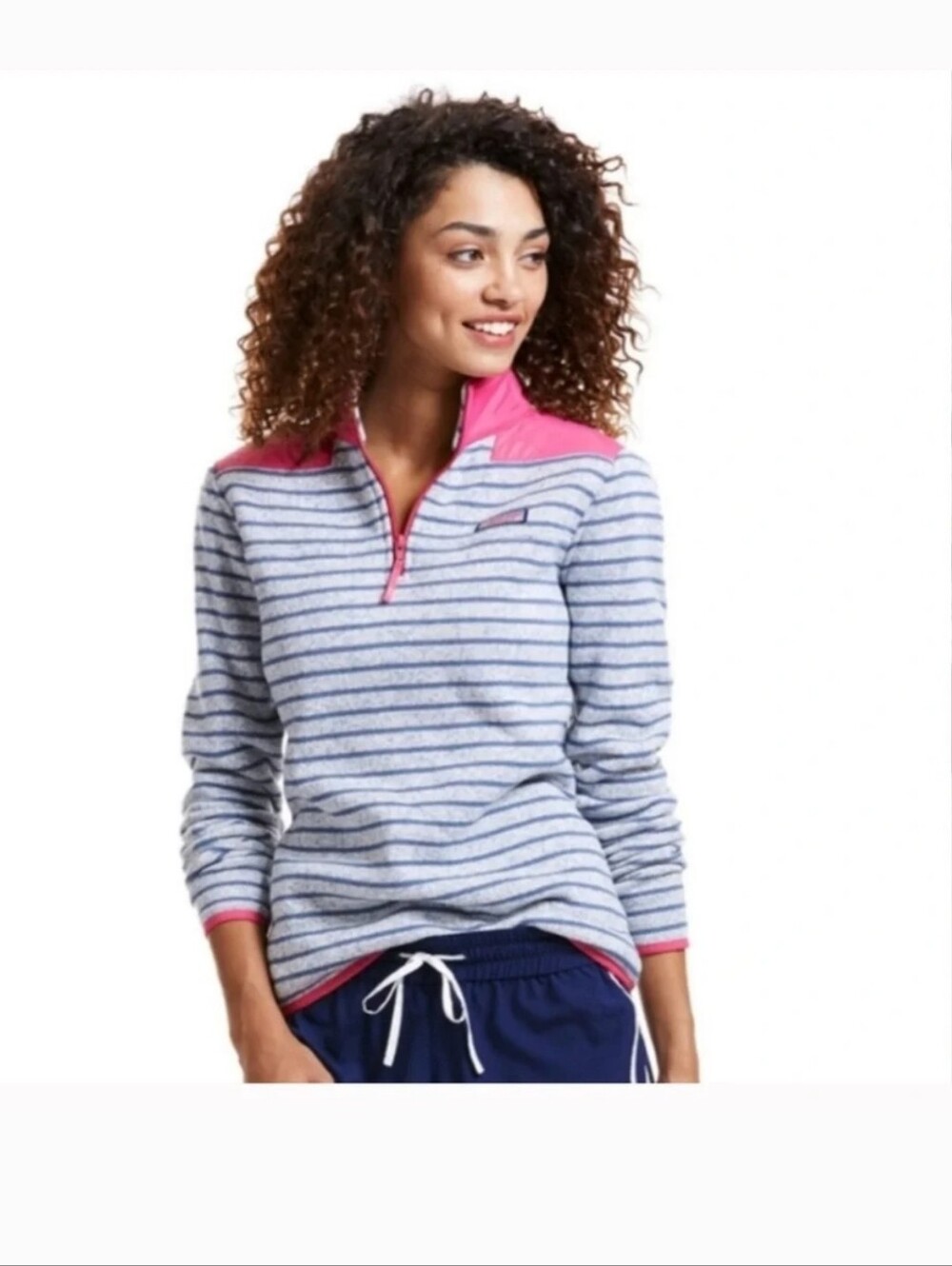 Women's Striped Quarter-Zip Pullover - Pink & Light Gray